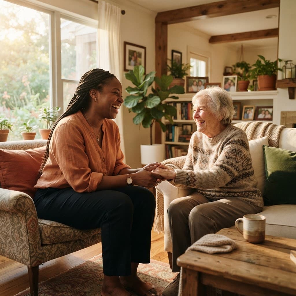 A personal assistance professional sharing a warm moment with a senior in a sunlit Dallas home